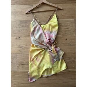 NWT Hello Molly Tie-Dye Satin Wrap Mini Dress | Yellow Pink‎ | Size M / US 6